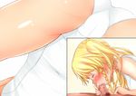  blonde_hair blush breasts closed_eyes covered_nipples drill_hair fellatio hetero long_hair male_pubic_hair narumi_remon one-piece_swimsuit oral original penis profile pubic_hair small_breasts sukesan swimsuit 