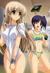  absurdres bible_of_silver_cross blonde_hair blue_hair book bottomless bra breasts drink green_eyes groin hand_on_hip higa_yukari highres isis_eaglet legs lily_strosek lingerie locker long_hair lyrical_nanoha mahou_senki_lyrical_nanoha_force medium_breasts multiple_girls no_panties non-web_source nyantype official_art one_eye_closed open_mouth panties shirt shirt_tug short_hair small_breasts underwear underwear_only very_long_hair yellow_eyes 