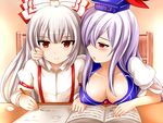  annoyed blush body_blush bow breast_rest breasts cleavage collarbone covered_nipples downblouse fujiwara_no_mokou hair_bow hat highres kamishirasawa_keine large_breasts long_hair multiple_girls no_bra orange_eyes parted_lips pencil red_eyes shiny shiny_skin silver_hair suspenders touhou writing yoshimo 