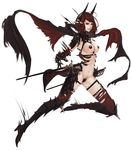  bangs black_eyes boots cape demon_girl fantasy gloves horns long_legs navel open_clothes original pale_skin pasties red_hair remana short_hair simple_background smile solo spiked_gloves succubus sword thigh_boots thigh_strap thighhighs torn_clothes weapon 