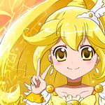  bad_id bad_pixiv_id blonde_hair bow choker cure_peace eyelashes hair_flaps hair_ornament hairpin kaz_(ryu-ria) kise_yayoi long_hair magical_girl orange_background precure smile smile_precure! solo v wide_ponytail yellow yellow_bow yellow_choker yellow_eyes 
