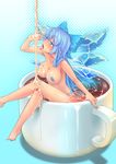  1girl alternate_breast_size alternate_hair_length alternate_hairstyle bandaid bandaids_on_nipples bare_legs bare_shoulders barefoot blue_eyes blue_hair bow breasts cirno coffee cream cup error feet hair_bow ice ice_wings in_container in_cup large_breasts long_hair minigirl older pasties sitting skirt solo suggestive_fluid toe_scrunch tongue touhou very_long_hair wings xx_(artist) 