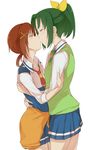  bad_id bad_pixiv_id brown_hair clothes_around_waist green_hair green_neckwear hair_ornament hino_akane_(smile_precure!) hug kiss midorikawa_nao minatsuki_randoseru multiple_girls nanairogaoka_middle_school_uniform necktie ponytail precure school_uniform short_hair simple_background skirt sleeves_rolled_up smile_precure! sweat sweatdrop sweater sweater_around_waist sweater_vest yuri 