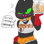  1:1 alcohol beer bell bell_collar beverage black_body black_fur blush bottomwear cartoon_network clothing collar cutoffs daisy_dukes denim denim_clothing domestic_cat felid feline felis fur green_eyes hi_res hooters hotpants mammal mao_mao:_heroes_of_pure_heart pawbeanshq sheriff_mao_mao_mao shorts waiter 