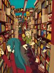 2girls 456 absurdres aqua_eyes bad_id bad_pixiv_id bibendum blonde_hair book box cat coca-cola eating hair_ornament hair_ribbon hairclip hatsune_miku headphones highres in_box in_container indoors kagamine_len kagamine_rin long_hair michelin multiple_girls open_mouth perspective phonograph ribbon shop short_hair shorts sitting speaker turntable twintails vocaloid 