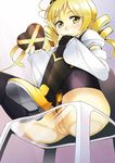  ass bad_id bad_pixiv_id black_legwear blonde_hair blush boots drill_hair fingerless_gloves gloves hair_ornament heart highres magical_girl mahou_shoujo_madoka_magica no_panties pussy sitting smile solo thighhighs tomoe_mami topo_(bacchustab) twin_drills twintails yellow_eyes 