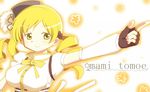  beret blonde_hair breasts character_name corset detached_sleeves drill_hair fingerless_gloves gloves hair_ornament hat kame_no_nin large_breasts magical_girl mahou_shoujo_madoka_magica official_style pointing ribbon shirt smile solo taut_clothes taut_shirt tomoe_mami white_background yellow yellow_eyes 
