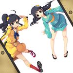  araragi_karen araragi_tsukihi asymmetrical_hair bakemonogatari black_eyes black_hair hood hooded_track_jacket hoodie jacket japanese_clothes kimono koflif long_hair monogatari_(series) multiple_girls sandals siblings side_ponytail sisters track_jacket 