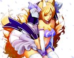  :p adapted_costume animal_ears bare_shoulders bikini blonde_hair breasts brown_eyes choker cleavage dearmybrothers detached_sleeves fox_ears fox_tail medium_breasts navel no_hat no_headwear short_hair simple_background solo swimsuit tail thighhighs tongue tongue_out touhou white_legwear yakumo_ran 