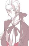  1boy arc_system_works blazblue bow butler long_hair male male_focus monochrome ponytail ribbon simple_background solo valkenhayn_r_hellsing 