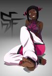  barefoot black_hair capcom dark_skin feet han_juri highres nail_polish photoshop pink_nails purple_eyes smile soles stiky_finkaz street_fighter street_fighter_iv toes 