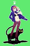  animal_print belt blue_eyes boots bra cat denim green_background grin highres hood hoodie jacket jeans leopard_print lingerie navel_piercing open_clothes open_jacket original pants piercing pink_hair pochi_(pochi-goya) short_hair smile sunglasses underwear 