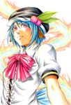  alternate_hair_length alternate_hairstyle animal_ears annoyed bad_id bad_pixiv_id blue_hair bow colored_pencil_(medium) food fruit hat hinanawi_tenshi kemonomimi_mode looking_at_viewer looking_down nora_wanko peach puffy_sleeves short_hair short_sleeves solo touhou traditional_media 
