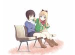  black_hair blonde_hair blue_eyes boots bottle bow breath brown_eyes chair funami_yui hair_bow jacket long_hair long_sleeves mittens multiple_girls scarf short_hair shorts simple_background sitting skirt smile toma_(shinozaki) toshinou_kyouko white_background yuru_yuri 