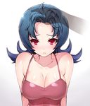  bangs bare_shoulders blue_hair breasts camisole cleavage collarbone flipped_hair forehead hizuki_akira large_breasts looking_at_viewer natsume_(pokemon) petting pokemon pokemon_(game) pokemon_hgss pov red_eyes solo_focus tears upper_body 