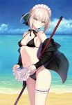  1girl absurdres apron artoria_pendragon_(all) artoria_pendragon_(swimsuit_rider_alter) bangs bare_shoulders beach bikini black_bikini black_jacket blue_sky blush bow bowtie braid breasts closed_mouth cloud cloudy_sky collarbone day eyebrows_visible_through_hair fate/grand_order fate_(series) french_braid highres jacket long_sleeves looking_at_viewer maid maid_apron maid_headdress navel ocean off_shoulder outdoors pale_skin scan serious sky small_breasts solo stomach swimsuit tanaka_takayuki thigh_strap tied_hair waist_apron water 
