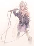  bad_id bad_pixiv_id bare_shoulders blonde_hair blue_eyes braid choker highres ia_(vocaloid) long_hair microphone microphone_stand off_shoulder pomodorosa single_thighhigh skirt solo thighhighs vocaloid 