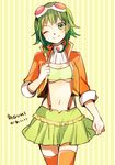  breasts goggles goggles_on_head green_eyes green_hair gumi jacket looking_at_viewer megpoid_(vocaloid3) midriff navel one_eye_closed short_hair skirt small_breasts smile solo suspenders tama_(songe) thighhighs underboob vocaloid zettai_ryouiki 