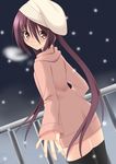  bad_id bad_pixiv_id beckoning black_legwear blush brown_eyes brown_hair hat hood hood_down hoodie long_hair looking_at_viewer looking_back oniku_(shimofuri-ke) original outstretched_hand railing sleeves_past_wrists smile snowing solo thighhighs zettai_ryouiki 