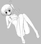  blush flat_chest frapowa greyscale isis_eaglet lyrical_nanoha mahou_senki_lyrical_nanoha_force monochrome mouth_hold nipples nude panties panties_in_mouth panties_removed panty_pull pussy short_hair simple_background solo underwear 