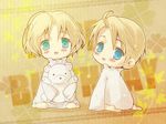  2boys :d america_(hetalia) axis_powers_hetalia blonde_hair blue_eyes blush canada_(hetalia) chibi child france_(hetalia) green_eyes happy_birthday looking_at_viewer male male_focus md5_mismatch minoru multiple_boys open_mouth short_hair smile stuffed_animal stuffed_toy teddy_bear united_kingdom_(hetalia) younger 