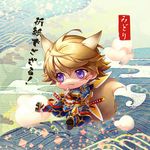  animal_ears blonde_hair chibi extra_ears fox_ears fox_tail geta ivan_karelin kame4282 kemonomimi_mode male_focus origami_cyclone purple_eyes shuriken sitting solo superhero tail tiger_&amp;_bunny 