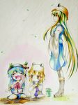  bad_id bad_pixiv_id blonde_hair blue_hair blush_stickers child commentary_request dual_persona hat hinanawi_tenshi long_hair moriya_suwako multiple_girls musupon214 older time_paradox touhou yellow_eyes younger 