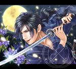 1boy black_hair blue_eyes flower gackt j-rock japanese_clothes kimono musician ponytail sword weapon 