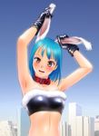 animal_ears armpits bare_shoulders blue_hair breasts brown_eyes bunny_ears collar face gloves highres medium_breasts midriff original photo_background skyline solo yui_toshiki 