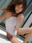  1girl brown_hair flat_chest highres japanese kaede_mao long_hair photo shade sitting skinny spread_legs swimsuit 