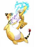  ampharos blonde_hair blue_eyes bruce_lee's_jumpsuit crossover electricity fire gen_2_pokemon highres huang_baoling pokemon pokemon_(creature) power_connection purple_fire shoes short_hair sneakers tiger_&amp;_bunny yui_(kari) 