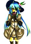  absurdres animal_ears bad_id bad_pixiv_id blue_hair eyepatch food fruit hair_over_one_eye highres hinanawi_tenshi kemonomimi_mode long_hair looking_at_viewer musupon214 peach red_eyes solo touhou very_long_hair 