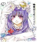  bad_id bad_pixiv_id blush brooch colored_pencil_(medium) crescent jewelry light_smile long_hair looking_at_viewer multicolored multicolored_eyes nora_wanko patchouli_knowledge purple_eyes purple_hair shikishi sleeves_past_wrists smile solo touhou traditional_media translation_request 