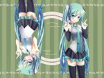  animal_ears aqua_eyes aqua_hair blush detached_sleeves glasses hatsune_miku long_hair nail_polish necktie pointing rotational_symmetry skirt smile striped striped_background thighhighs tobade_(tbdfactory) twintails upside-down very_long_hair vocaloid vocaloid_(lat-type_ver) 
