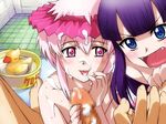  1boy 2girls angry artemis artemis_(tsukuyomi) bathroom bird blush censored cum duck facial handjob hazuki hazuki_(tsukuyomi) licking multiple_girls penis pink_eyes pink_hair pov same smile tsukuyomi_moonphase 