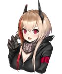  1girl armband bandanna bangs black_jacket blush boxreeema breasts cleavage commentary_request fang girls_frontline hair_between_eyes headgear highres jacket long_hair looking_at_viewer m4_sopmod_ii_(girls_frontline) mechanical_arm medium_breasts multicolored_hair open_mouth pink_hair red_eyes red_hair solo streaked_hair upper_body white_background zipper 