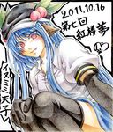  animal_ears bad_id bad_pixiv_id black_legwear blue_hair blush dated food fruit gloves hat hinanawi_tenshi kemonomimi_mode long_hair nora_wanko peach red_eyes shikishi smile solo thighhighs touhou translated 