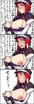  1girl areola_slip areolae blue_eyes blush breast_slip breasts bukkake cum cursor eyes_closed female forte_stollen galaxy_angel hat highres huge_breasts large_breasts long_hair long_image monocle nipple_slip nipples one_breast_out open_mouth partially_translated red_hair sawao sequential solo surprised sweatdrop tall_image translated translation_request 