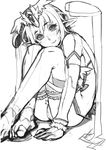  barefoot blush destiny_(ishida) detached_sleeves elf greyscale headdress highres knees_to_chest knees_touching looking_at_viewer mama_(mama_hiro) monochrome original pointy_ears pussy sitting sketch smile solo sweatdrop toes 