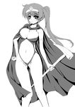  blush breasts cape cleavage cosplay dragon_quest dragon_quest_iii elbow_gloves frapowa gloves greyscale hand_on_hip large_breasts long_hair lyrical_nanoha mahou_shoujo_lyrical_nanoha_strikers monochrome sage_(dq3) sage_(dq3)_(cosplay) solo staff takamachi_nanoha 