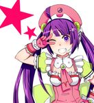  ahoge bad_id bad_pixiv_id bangs bow frills gloves grin hair_ornament hairclip hat headset long_hair one_eye_closed potato_(potato1827) purple_eyes purple_hair smile solo star tone_rion twintails v vocaloid 