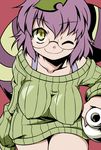  akou_roushi alternate_costume bottomless breasts brown_hair covered_nipples futatsuiwa_mamizou glasses green_shirt large_breasts leaf leaf_on_head no_pants one_eye_closed pince-nez purple_hair raccoon_tail ribbed_sweater shirt short_hair smile solo sweater tail touhou yellow_eyes 