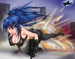  attack blue_hair breasts female gloves green_eyes king_of_fighters large_breasts leona_heidern military military_uniform open_mouth ponytail snk uniform weapon 