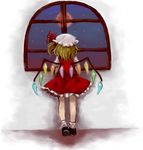  blonde_hair bobby_socks dress flandre_scarlet frills from_behind full_body full_moon hat lowres moon ozawa red_moon ribbon shoes short_hair side_ponytail sky socks solo star_(sky) starry_sky touhou white_background window wings 