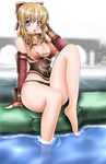  1girl areolae bare_legs blonde_hair blue_eyes bow breasts cassandra_alexandra cleavage covered_nipples curvy feet hair_bow large_breasts leg_up legs open_mouth panties solo soulcalibur soulcalibur_iii thick_thighs thighs underwear water wide_hips 