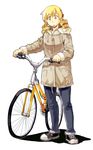  bicycle blonde_hair casual coat denim drill_hair fur_trim ground_vehicle hobbang jeans mahou_shoujo_madoka_magica pants shoes sneakers solo tomoe_mami twin_drills twintails yellow_eyes 