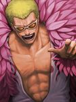 blonde_hair commentary_request donquixote_doflamingo feather_boa highres male_focus muscle one_piece open_mouth shirtless smile solo sunglasses yoshida_takanori 