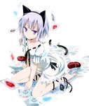  animal_ears barefoot cat_ears cat_tail dress falling_card gochou_(atemonai_heya) lavender_hair leg_ribbon looking_at_viewer mary_janes ore_to_kanojo_no_pandora_box purple_eyes ribbon shoes shoes_removed short_hair sitting solo tail wariza watanuki_satori 