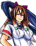  animal_ears arcana_heart arcana_heart_2 beads breasts brown_hair cat_ears hair_beads hair_ornament highres inuwaka_akane large_breasts lips long_hair mayu multicolored_hair purple_eyes scarf shirt sidelocks solo t-shirt two-tone_hair upper_body white_hair 