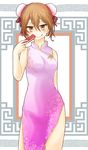  bare_legs bare_shoulders blush brown_eyes brown_hair bun_cover china_dress chinese_clothes double_bun dress fan folding_fan grin holding i.u.y legs looking_at_viewer misaka_worst short_hair side_slit smile to_aru_majutsu_no_index tongue 